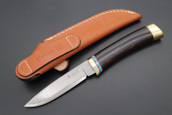 Hattori 傘 SAN Limited Edition SAN-106 Cowry-X Damascus Special Utility Hunter "Custom African Ebonywood Handle with Turquoise Composite Stone Ring"