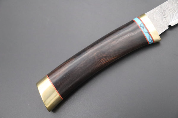 Hattori 傘 SAN Limited Edition SAN-106 Cowry-X Damascus Special Utility Hunter "Custom African Ebonywood Handle with Turquoise Composite Stone Ring"