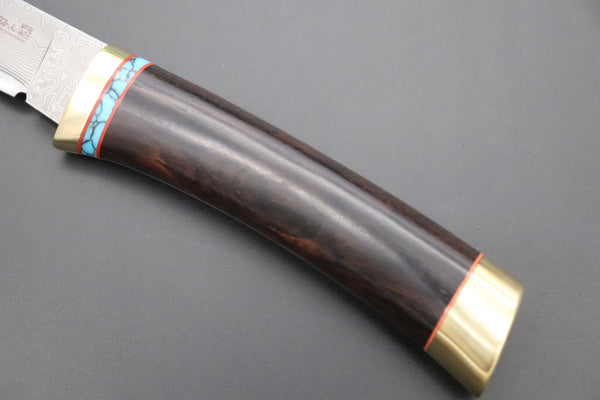 Hattori 傘 SAN Limited Edition SAN-106 Cowry-X Damascus Special Utility Hunter "Custom African Ebonywood Handle with Turquoise Composite Stone Ring"