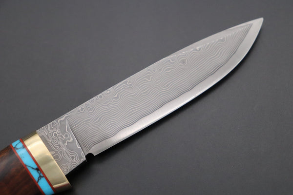 Hattori 傘 SAN Limited Edition SAN-107 Cowry-X Damascus Special Utility Hunter "Custom Desert Ironwood Handle with Turquoise Composite Stone Ring"
