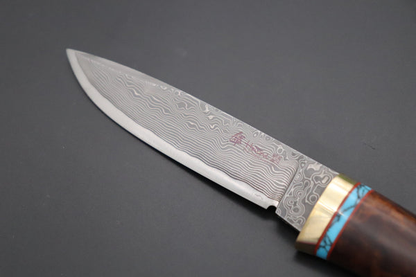 Hattori 傘 SAN Limited Edition SAN-107 Cowry-X Damascus Special Utility Hunter "Custom Desert Ironwood Handle with Turquoise Composite Stone Ring"