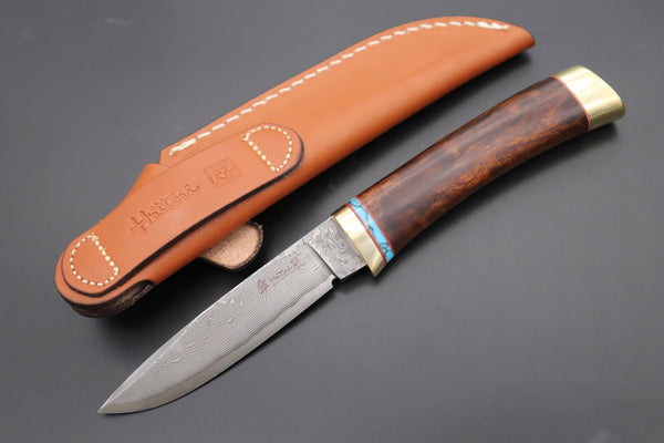 Hattori 傘 SAN Limited Edition SAN-107 Cowry-X Damascus Special Utility Hunter "Custom Desert Ironwood Handle with Turquoise Composite Stone Ring"
