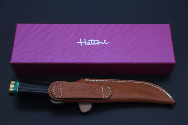 Hattori 傘 SAN Limited Edition SAN-131 Cowry-X Damascus Special Utility Hunter "Custom African Ebonywood Handle with Green Malachite Composite Stone Ring" - japaneseknifedirect.mom