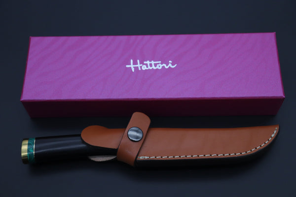Hattori 傘 SAN Limited Edition SAN-131 Cowry-X Damascus Special Utility Hunter "Custom African Ebonywood Handle with Green Malachite Composite Stone Ring" - japaneseknifedirect.mom