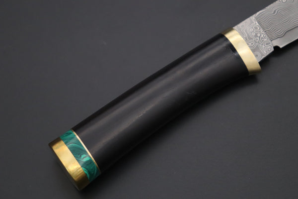Hattori 傘 SAN Limited Edition SAN-131 Cowry-X Damascus Special Utility Hunter "Custom African Ebonywood Handle with Green Malachite Composite Stone Ring" - japaneseknifedirect.mom