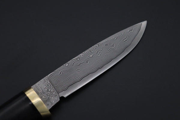 Hattori 傘 SAN Limited Edition SAN-131 Cowry-X Damascus Special Utility Hunter "Custom African Ebonywood Handle with Green Malachite Composite Stone Ring" - japaneseknifedirect.mom