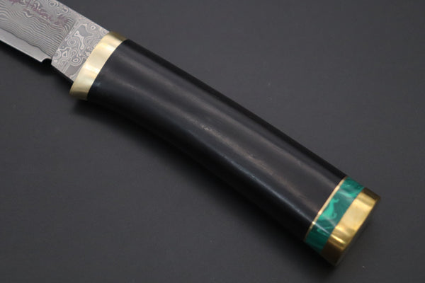 Hattori 傘 SAN Limited Edition SAN-131 Cowry-X Damascus Special Utility Hunter "Custom African Ebonywood Handle with Green Malachite Composite Stone Ring" - japaneseknifedirect.mom