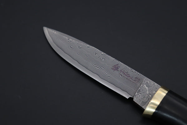 Hattori 傘 SAN Limited Edition SAN-131 Cowry-X Damascus Special Utility Hunter "Custom African Ebonywood Handle with Green Malachite Composite Stone Ring" - japaneseknifedirect.mom
