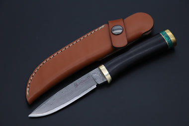 Hattori 傘 SAN Limited Edition SAN-131 Cowry-X Damascus Special Utility Hunter "Custom African Ebonywood Handle with Green Malachite Composite Stone Ring" - japaneseknifedirect.mom