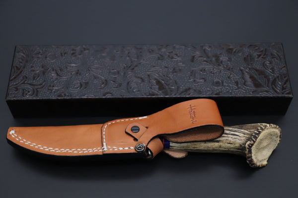 Hattori 傘 SAN Limited Edition SAN-133A Cowry-X Damascus Mighty Wild Crown Hunter (Crown Stag Handle) - japaneseknifedirect.mom