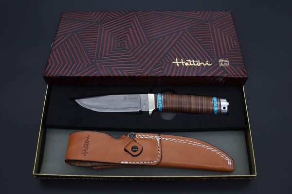 Hattori 傘 SAN Limited Edition SAN-134 Cowry-X Damascus Mighty Hunter (Premium Turquoise Edition) - japaneseknifedirect.mom