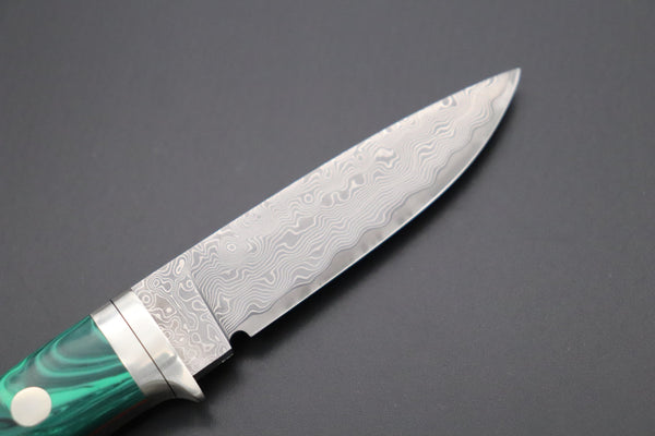 Hattori 傘 SAN Limited Edition SAN-78G Limited Cowry-X Damascus EDC Utility Hunter (Green Malachite Gem-Composite Stone Handle) - japaneseknifedirect.mom