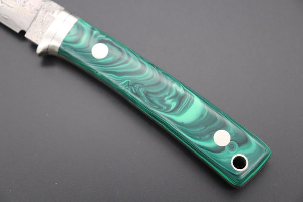 Hattori 傘 SAN Limited Edition SAN-78G Limited Cowry-X Damascus EDC Utility Hunter (Green Malachite Gem-Composite Stone Handle) - japaneseknifedirect.mom