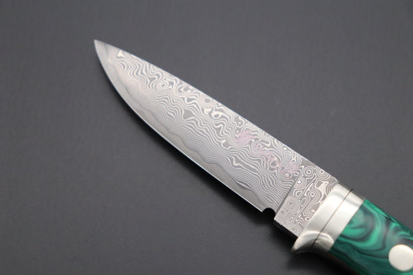 Hattori 傘 SAN Limited Edition SAN-78G Limited Cowry-X Damascus EDC Utility Hunter (Green Malachite Gem-Composite Stone Handle) - japaneseknifedirect.mom