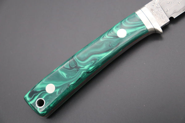 Hattori 傘 SAN Limited Edition SAN-78G Limited Cowry-X Damascus EDC Utility Hunter (Green Malachite Gem-Composite Stone Handle) - japaneseknifedirect.mom