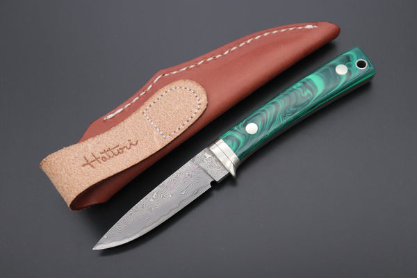 Hattori 傘 SAN Limited Edition SAN-78G Limited Cowry-X Damascus EDC Utility Hunter (Green Malachite Gem-Composite Stone Handle) - japaneseknifedirect.mom