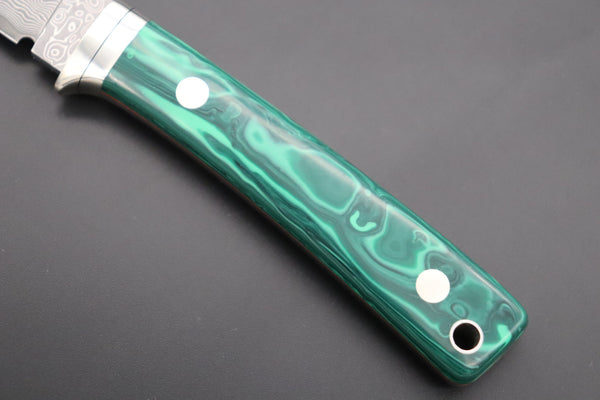 Hattori 傘 SAN Limited Edition SAN-78G2 Limited Cowry-X Damascus EDC Utility Hunter (Green Malachite Gem-Composite Stone Handle) - japaneseknifedirect.mom