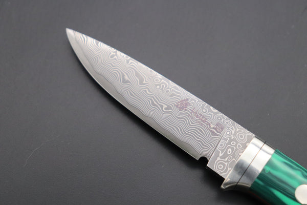 Hattori 傘 SAN Limited Edition SAN-78G2 Limited Cowry-X Damascus EDC Utility Hunter (Green Malachite Gem-Composite Stone Handle) - japaneseknifedirect.mom
