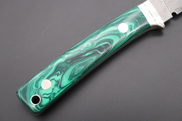 Hattori 傘 SAN Limited Edition SAN-78G2 Limited Cowry-X Damascus EDC Utility Hunter (Green Malachite Gem-Composite Stone Handle) - japaneseknifedirect.mom