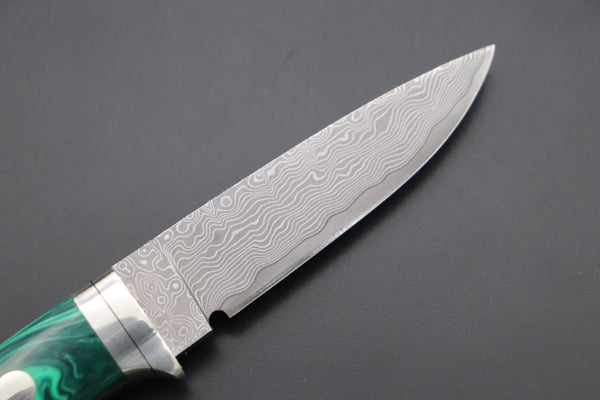 Hattori 傘 SAN Limited Edition SAN-78G2 Limited Cowry-X Damascus EDC Utility Hunter (Green Malachite Gem-Composite Stone Handle) - japaneseknifedirect.mom