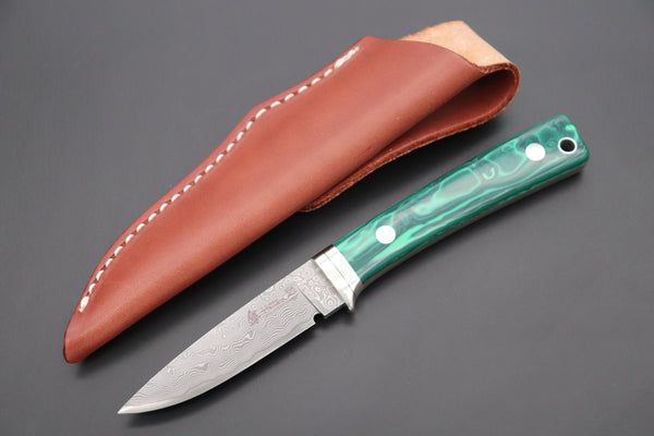 Hattori 傘 SAN Limited Edition SAN-78G2 Limited Cowry-X Damascus EDC Utility Hunter (Green Malachite Gem-Composite Stone Handle) - japaneseknifedirect.mom