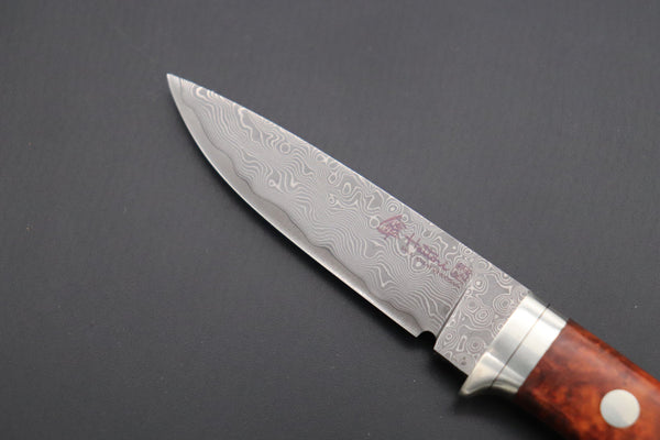 Hattori 傘 SAN Limited Edition SAN-78Q Limited Cowry-X Damascus EDC Utility Hunter (Quince Burl Wood Handle)