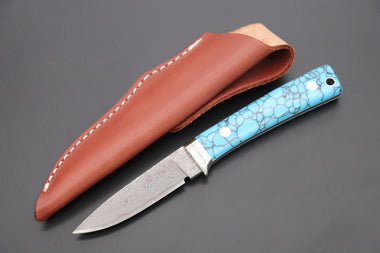 Hattori 傘 SAN Limited Edition SAN-78T Limited Cowry-X Damascus EDC Utility Hunter (Turquoise Gem-Composite Stone Handle)