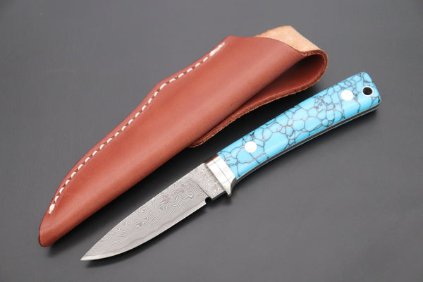 Hattori 傘 SAN Limited Edition SAN-78T Limited Cowry-X Damascus EDC Utility Hunter (Turquoise Gem-Composite Stone Handle)