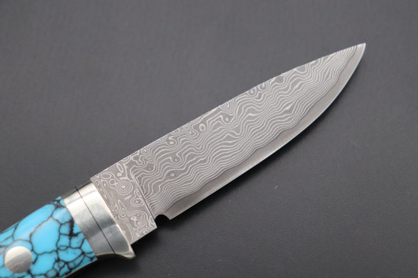 Hattori 傘 SAN Limited Edition SAN-78T Limited Cowry-X Damascus EDC Utility Hunter (Turquoise Gem-Composite Stone Handle)