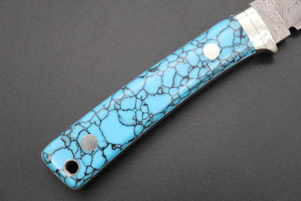Hattori 傘 SAN Limited Edition SAN-78T Limited Cowry-X Damascus EDC Utility Hunter (Turquoise Gem-Composite Stone Handle)