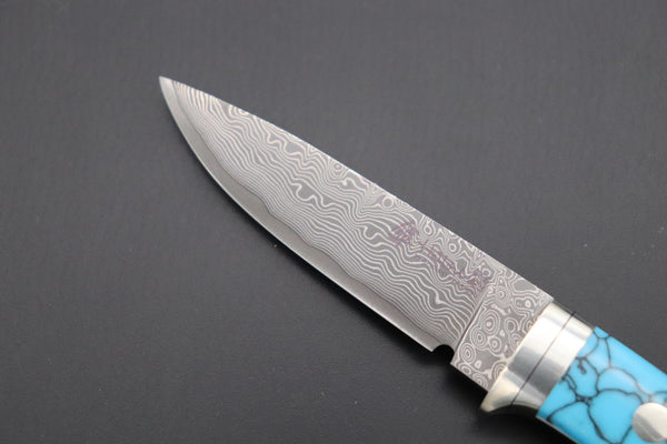 Hattori 傘 SAN Limited Edition SAN-78T Limited Cowry-X Damascus EDC Utility Hunter (Turquoise Gem-Composite Stone Handle)