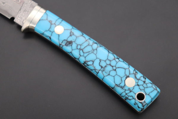 Hattori 傘 SAN Limited Edition SAN-78T2 Limited Cowry-X Damascus EDC Utility Hunter (Turquoise Gem-Composite Stone Handle)