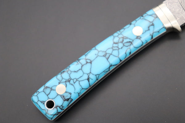 Hattori 傘 SAN Limited Edition SAN-78T2 Limited Cowry-X Damascus EDC Utility Hunter (Turquoise Gem-Composite Stone Handle)