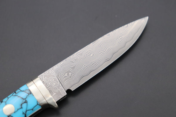 Hattori 傘 SAN Limited Edition SAN-78T2 Limited Cowry-X Damascus EDC Utility Hunter (Turquoise Gem-Composite Stone Handle)