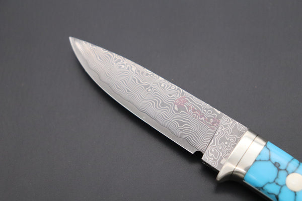 Hattori 傘 SAN Limited Edition SAN-78T2 Limited Cowry-X Damascus EDC Utility Hunter (Turquoise Gem-Composite Stone Handle)