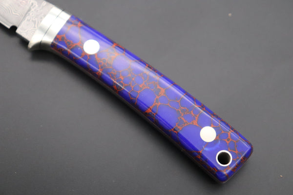 Hattori 傘 SAN Limited Edition SAN-79DT Limited Cowry-X Damascus Little Hunter (Clip Point, Deep Blue Turquoise Gem-Composite Stone Handle) - japaneseknifedirect.mom
