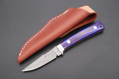 Hattori 傘 SAN Limited Edition SAN-79DT Limited Cowry-X Damascus Little Hunter (Clip Point, Deep Blue Turquoise Gem-Composite Stone Handle) - japaneseknifedirect.mom