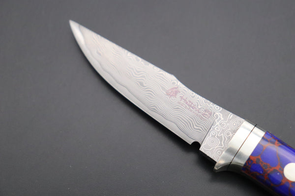 Hattori 傘 SAN Limited Edition SAN-79DT Limited Cowry-X Damascus Little Hunter (Clip Point, Deep Blue Turquoise Gem-Composite Stone Handle) - japaneseknifedirect.mom