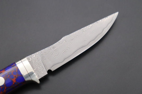 Hattori 傘 SAN Limited Edition SAN-79DT Limited Cowry-X Damascus Little Hunter (Clip Point, Deep Blue Turquoise Gem-Composite Stone Handle) - japaneseknifedirect.mom