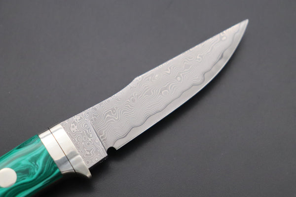 Hattori 傘 SAN Limited Edition SAN-79G Limited Cowry-X Damascus Little Hunter (Clip Point, Green Malachite Gem-Composite Stone Handle) - japaneseknifedirect.mom
