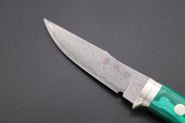 Hattori 傘 SAN Limited Edition SAN-79G Limited Cowry-X Damascus Little Hunter (Clip Point, Green Malachite Gem-Composite Stone Handle) - japaneseknifedirect.mom