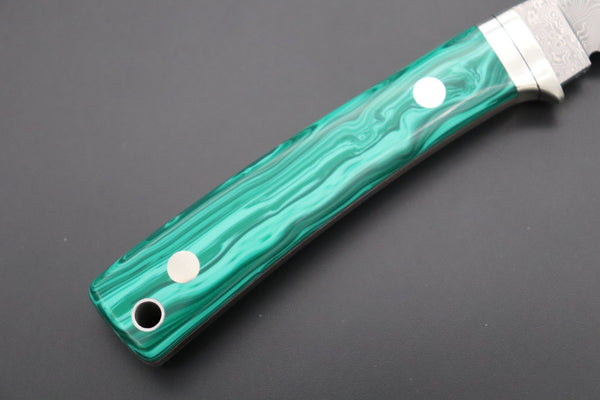Hattori 傘 SAN Limited Edition SAN-79G Limited Cowry-X Damascus Little Hunter (Clip Point, Green Malachite Gem-Composite Stone Handle) - japaneseknifedirect.mom