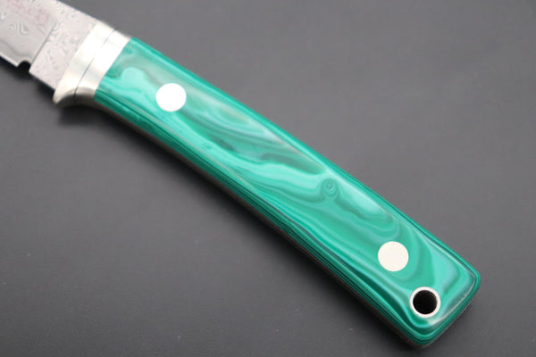 Hattori 傘 SAN Limited Edition SAN-79G Limited Cowry-X Damascus Little Hunter (Clip Point, Green Malachite Gem-Composite Stone Handle) - japaneseknifedirect.mom