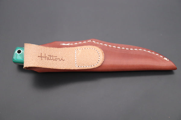 Hattori 傘 SAN Limited Edition SAN-79G Limited Cowry-X Damascus Little Hunter (Clip Point, Green Malachite Gem-Composite Stone Handle) - japaneseknifedirect.mom