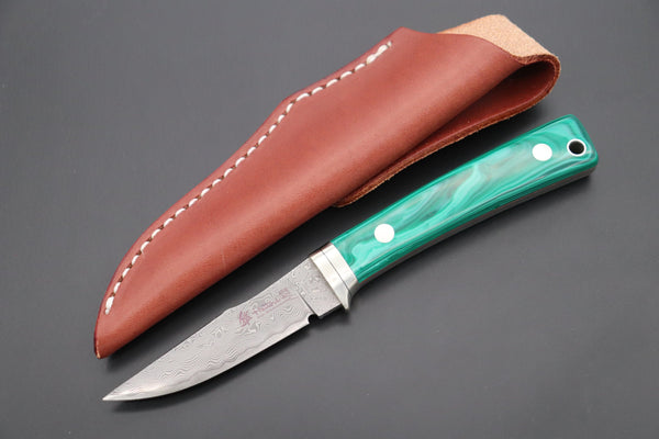 Hattori 傘 SAN Limited Edition SAN-79G Limited Cowry-X Damascus Little Hunter (Clip Point, Green Malachite Gem-Composite Stone Handle) - japaneseknifedirect.mom