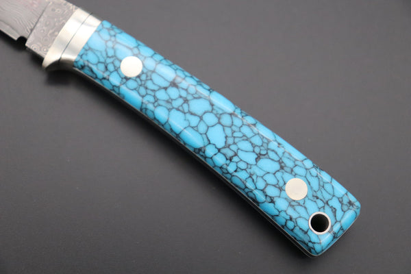 Hattori 傘 SAN Limited Edition SAN-79T Limited Cowry-X Damascus Little Hunter (Clip Point, Turquoise Gem-Composite Stone Handle) - japaneseknifedirect.mom