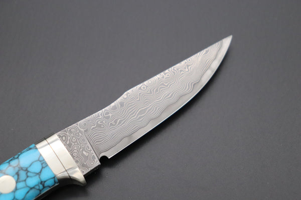 Hattori 傘 SAN Limited Edition SAN-79T Limited Cowry-X Damascus Little Hunter (Clip Point, Turquoise Gem-Composite Stone Handle) - japaneseknifedirect.mom