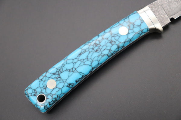Hattori 傘 SAN Limited Edition SAN-79T Limited Cowry-X Damascus Little Hunter (Clip Point, Turquoise Gem-Composite Stone Handle) - japaneseknifedirect.mom