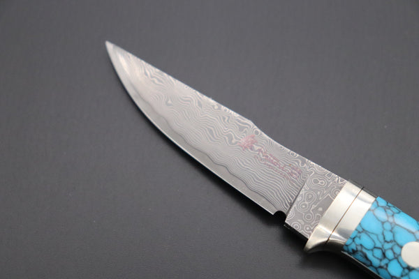 Hattori 傘 SAN Limited Edition SAN-79T Limited Cowry-X Damascus Little Hunter (Clip Point, Turquoise Gem-Composite Stone Handle) - japaneseknifedirect.mom