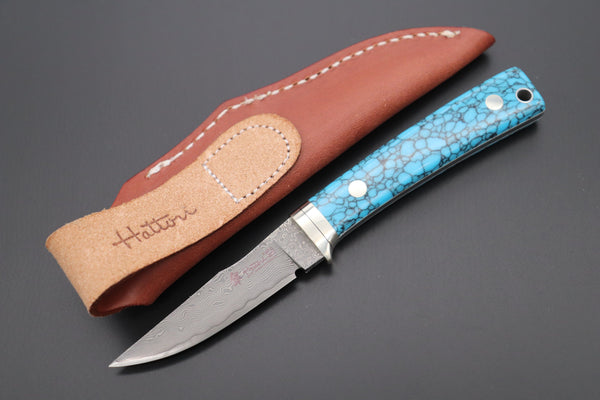 Hattori 傘 SAN Limited Edition SAN-79T Limited Cowry-X Damascus Little Hunter (Clip Point, Turquoise Gem-Composite Stone Handle) - japaneseknifedirect.mom